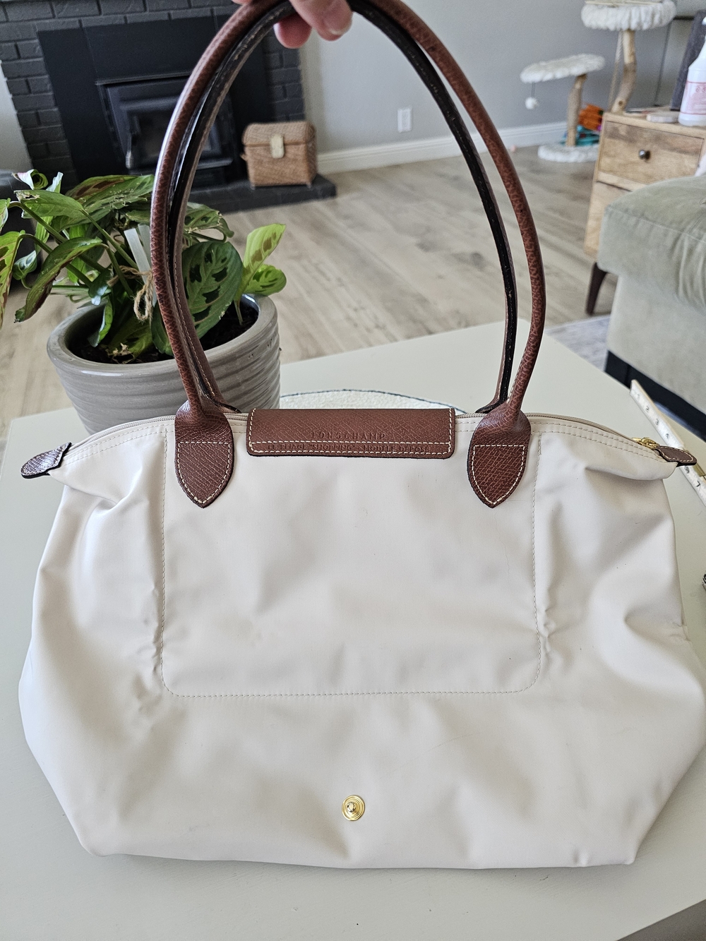 Longchamp Cream Tote with Brown Leather Trim and Handles - Picture 5 of 15